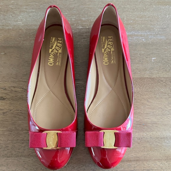 Salvatore Ferragamo Shoes - Salvatore Ferragamo Red Patent Flats with Bow